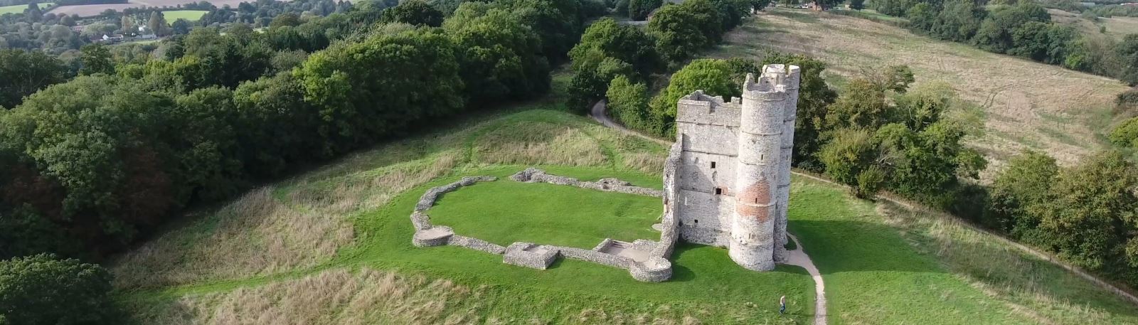 Ariel view of Donnington Castle on a clear day