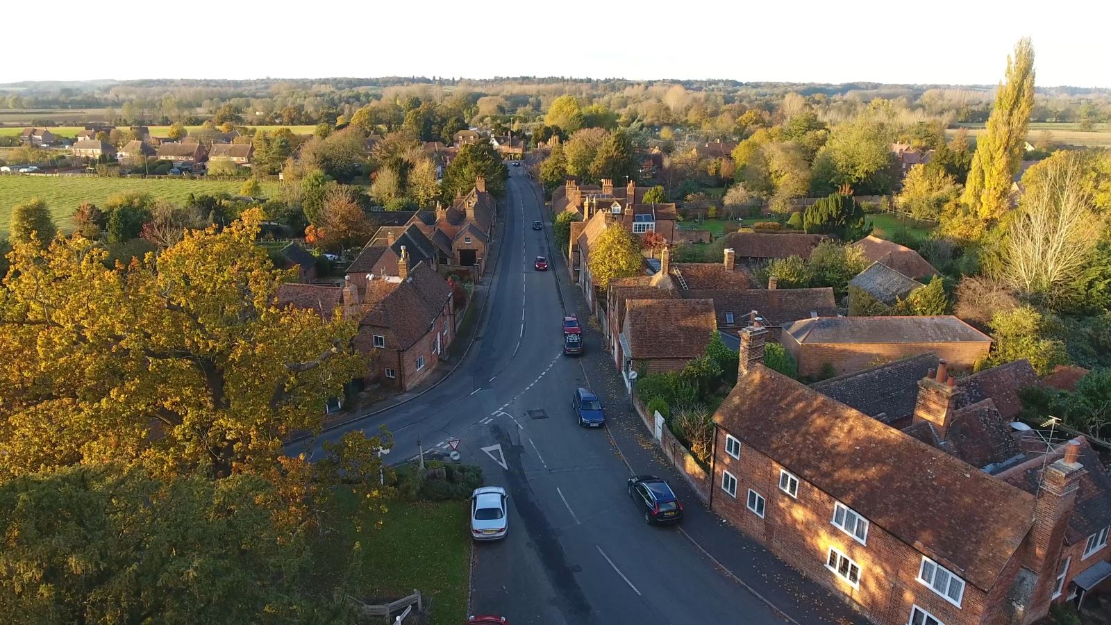 West Berkshire village with trees and houses